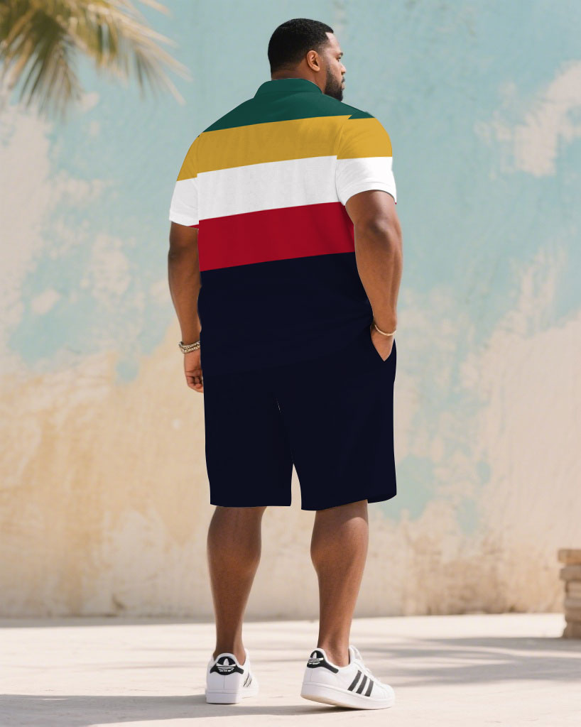 Big & Tall Men's Summer Multicolor Colorblock Chest Slogan Print Polo Short Sleeve Shirt Shorts Suit