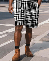 Men's Plus Size Business Black Houndstooth Print Short Sleeve Polo Shirt Shorts Suit