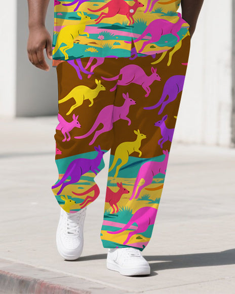 Big Men's Colorful Cartoon World Kangaroo Printed Short-Sleeve Shirt Pants 2-Piece Sets