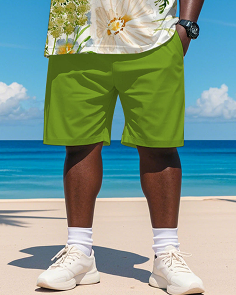 Big & Tall Men's Hawaiian Green Floral Graffiti Print Round Neck Short Sleeve T-Shirt Shorts Suit