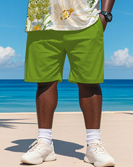 Big & Tall Men's Hawaiian Green Floral Graffiti Print Round Neck Short Sleeve T-Shirt Shorts Suit