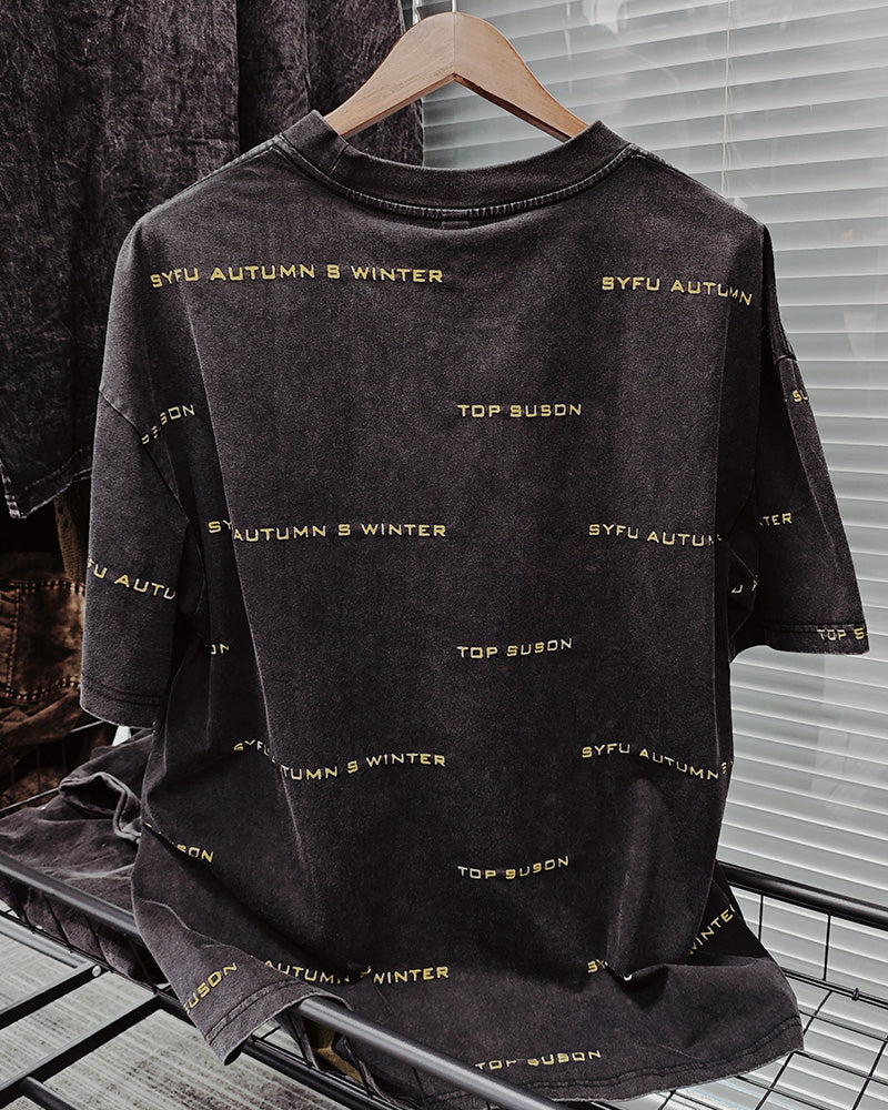 M-XL Street Fashion Black Yellow Old Burned Flower Letter Printing Round Neck Short Sleeve T-Shirt