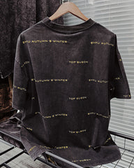 M-XL Street Fashion Black Yellow Old Burned Flower Letter Printing Round Neck Short Sleeve T-Shirt