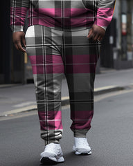 Men's Large Size Pink And Gray Plaid Diamond Casual Hoodie And Sweatpants Two-Piece Set
