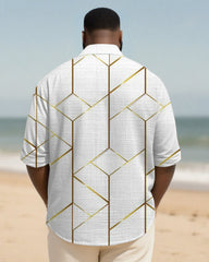 Big & Tall Men's Daily White Geometric Print Long Sleeve Bamboo Hemp Texture Shirt