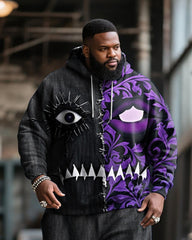 Big & Tall Men's Halloween Black And Purple Devil Expression Contrast Stitch Print Hoodie Suit