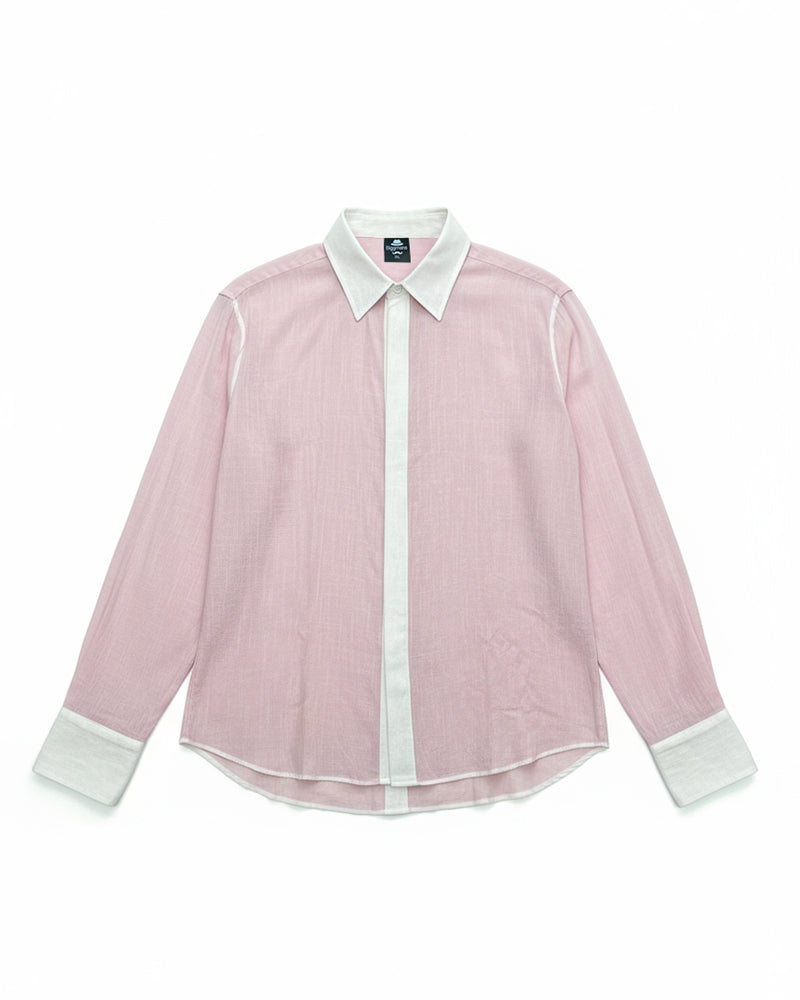 Big & Tall Men's Pink-autumn And Winter Commuter Color Matching Cotton And Linen Fabric Long Sleeve Shirt