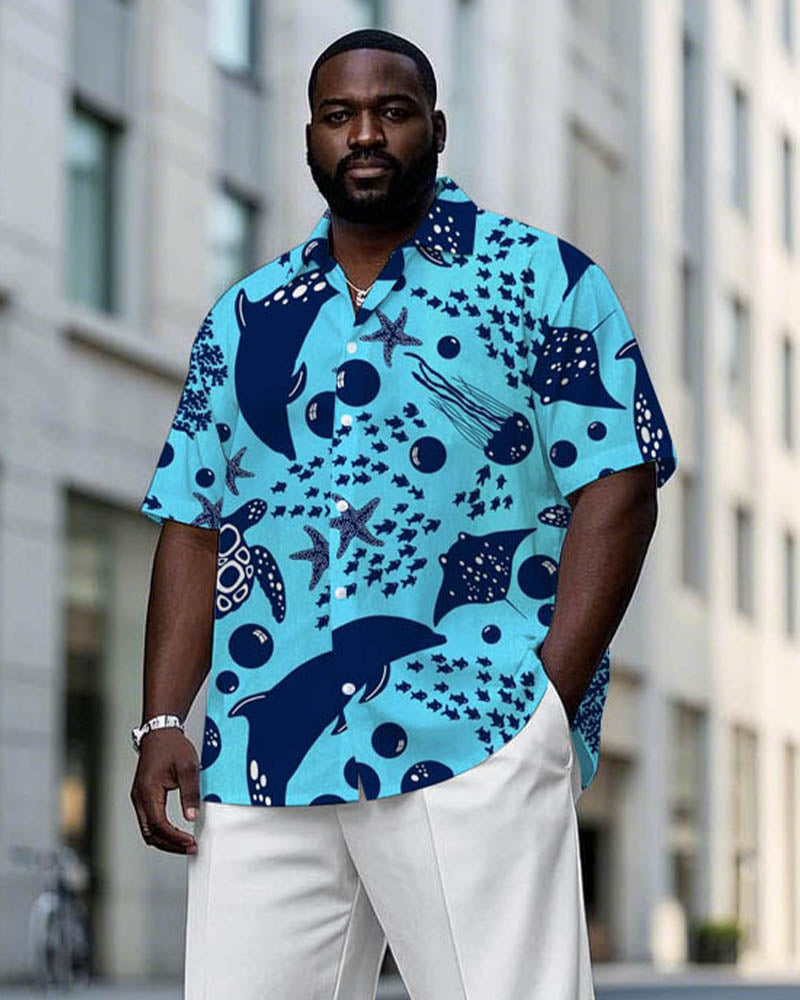Hawaii Underwater World Pattern Short Sleeve Shirt Trousers Suit Men's Plus Size