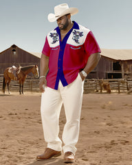 Big & Tall Men's Western Style Color Matching Casual Axolotl Skull Print-short Sleeve Shirt Pants Suit