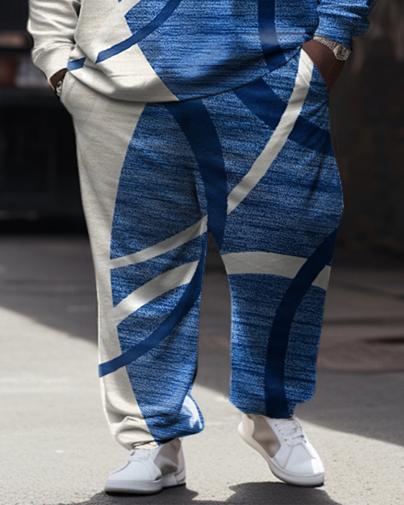 Men's Big & Tall Casual Hip Hop Blue Graphic Hoodie Two-Piece Set