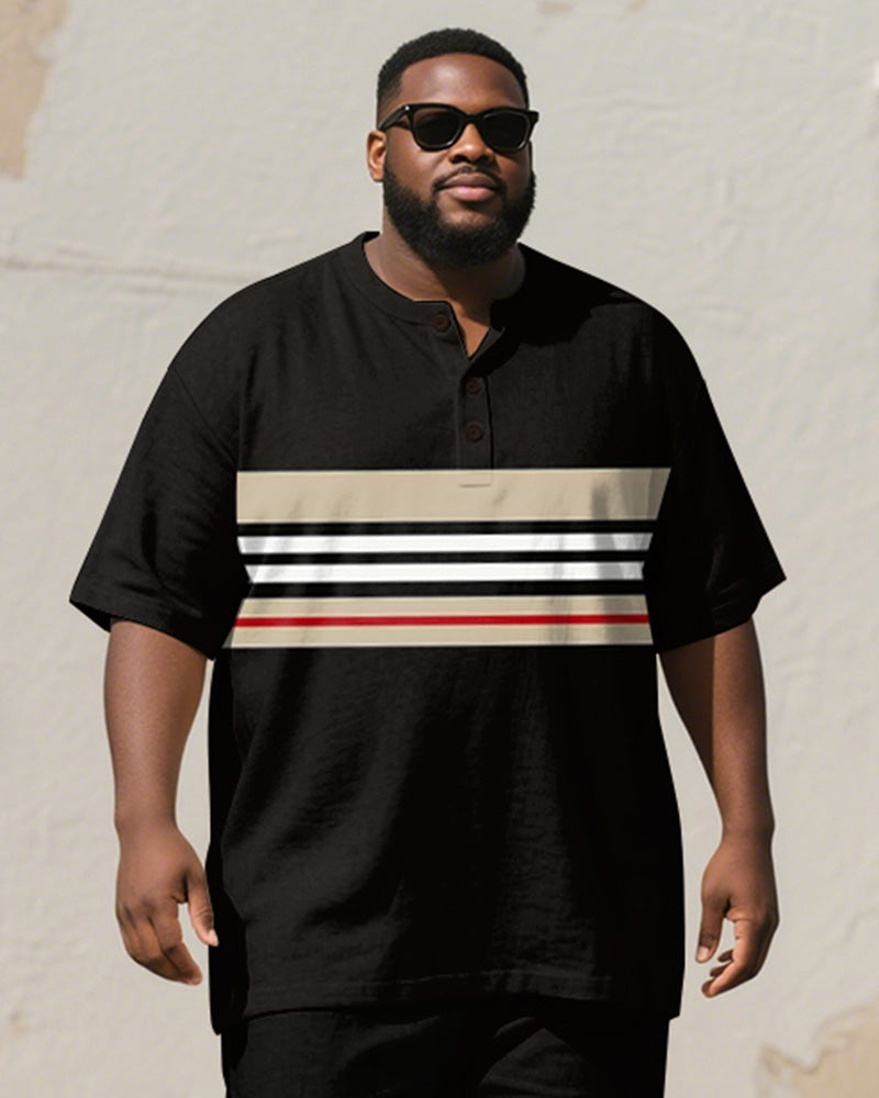 Men's Plus Size Black Khaki Color Block Line Print Henry Collar T-shirt Trousers Suit