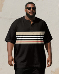 Men's Plus Size Black Khaki Color Block Line Print Henry Collar T-shirt Trousers Suit