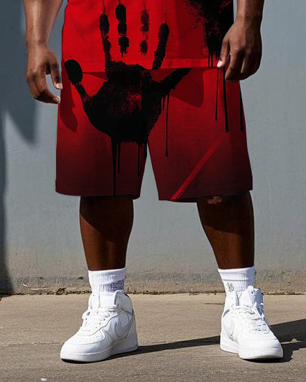 Men's Hip Hop Punk Style Palm Print Casual Short-Sleeve T-shirt and Shorts Big & Tall Set