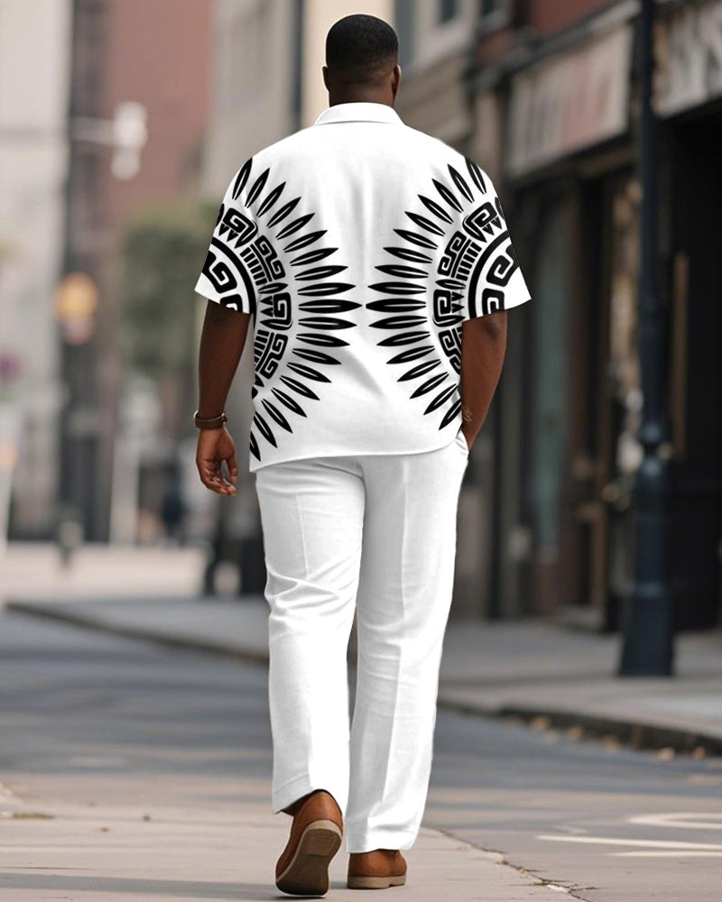 Men's Plus Size Black And White Geometric Print Short Sleeve Shirt Trousers Suit