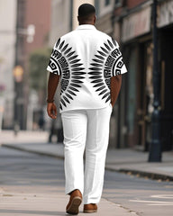 Men's Plus Size Black And White Geometric Print Short Sleeve Shirt Trousers Suit