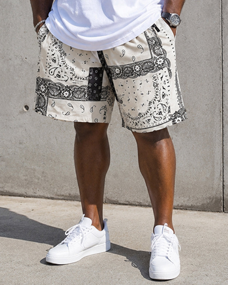 Big & Tall Men's Paisley Pocket Patchwork Printed Round Neck Short Sleeve T-Shirt Shorts Set