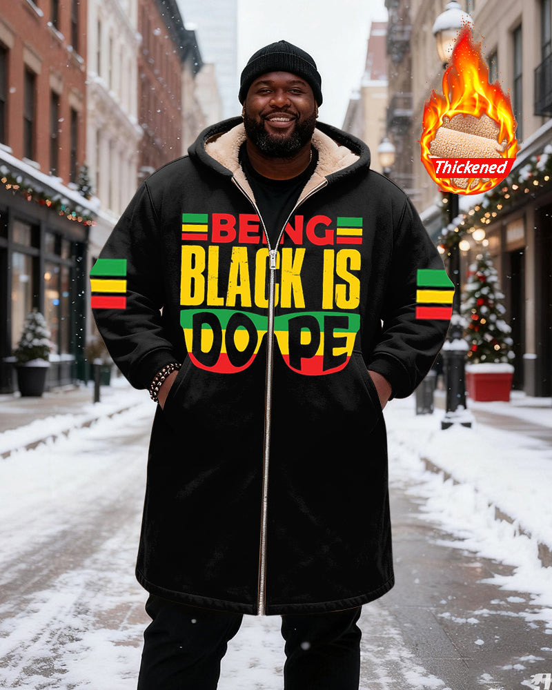 Big & Tall Men's "Being Black Is Dope" Slogan Contrast Color Stripe Printed Velvet Padded Long Hooded Coat