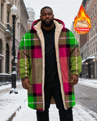 Big & Tall Men's Green Pink Plaid Printed Velvet Thickened Long Hooded Coat