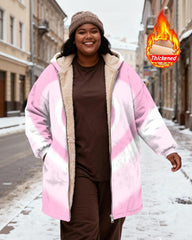 Women's Pink White Gradient Loving Heart Printed Velvet Thickened Long Hooded Coat