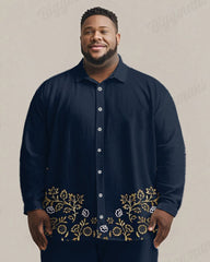 Men's Plus Size Luxury Blue Floral Print Long Sleeve Shirt Trousers Suit