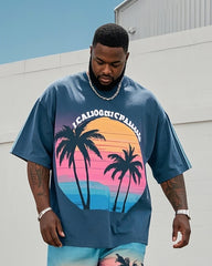 Big Boy Street Fashion Dusk Coconut Tree Print Short Sleeve T-Shirt Shorts Suit