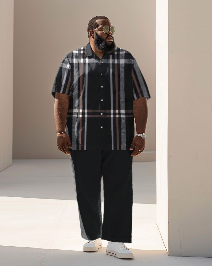 Men's Plus Size Business Classic Check Print Short Sleeve Shirt Suit