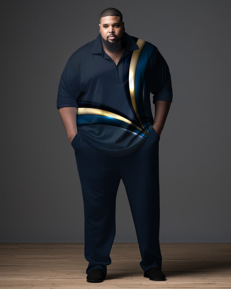 Big Men's Ombre Art  Gentleman Business Polo Zipper Shirt and Pants Two-piece Set