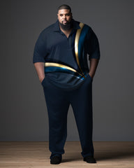 Big Men's Ombre Art  Gentleman Business Polo Zipper Shirt and Pants Two-piece Set