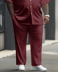 Men's Plus Size All-match Solid Color Burgundy Red Short-sleeved Shirt Trousers Suit