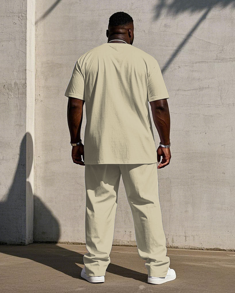 Men's Plus Size Casual Khaki & Blue Printed Short Sleeve T-Shirt Trousers Suit