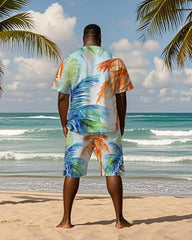 Big & Tall Men's Hawaiian Colorful Coconut Graffiti Print Round Neck Short Sleeve T-Shirt Shorts Suit