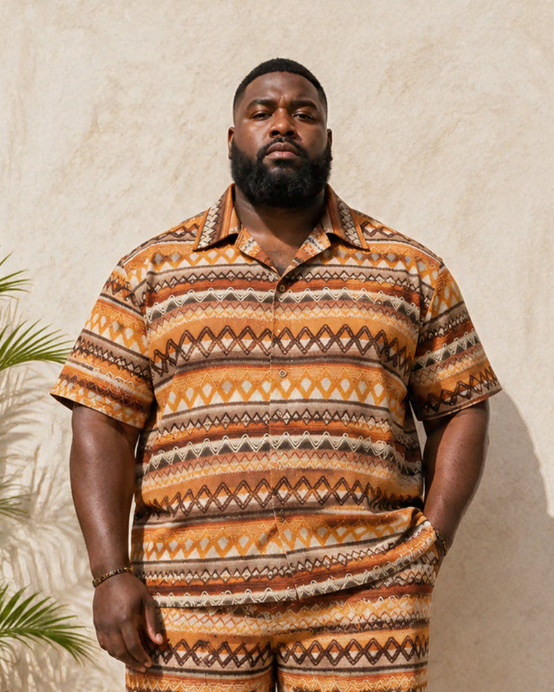 Big & Tall Men's Retro Brown Geometric Wave Print Short Sleeve Shirt And Shorts Set