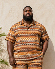 Big & Tall Men's Retro Brown Geometric Wave Print Short Sleeve Shirt And Shorts Set