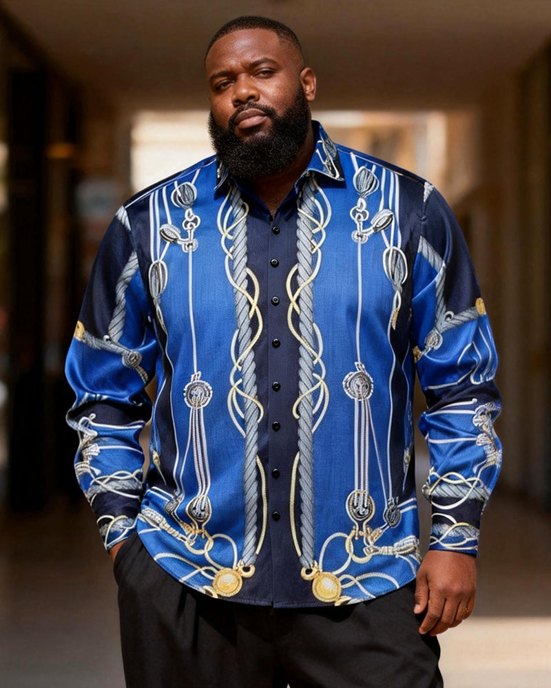 Big & Tall Men's Blue And Gold Sailing Rope Print Long Sleeve Shirt