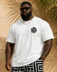 Big & Tall Men's Black And White Labyrinth Floral Print Round Neck Short Sleeve T-Shirt Shorts Set