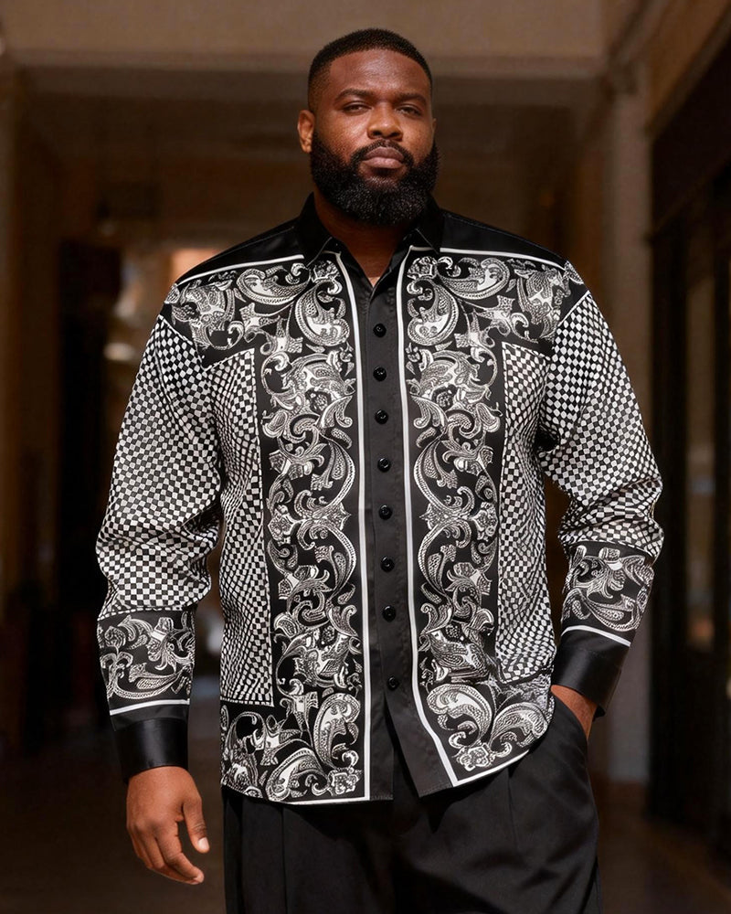 Big & Tall Men's Cashew Flower Checkerboard Printed Long Sleeve Shirt