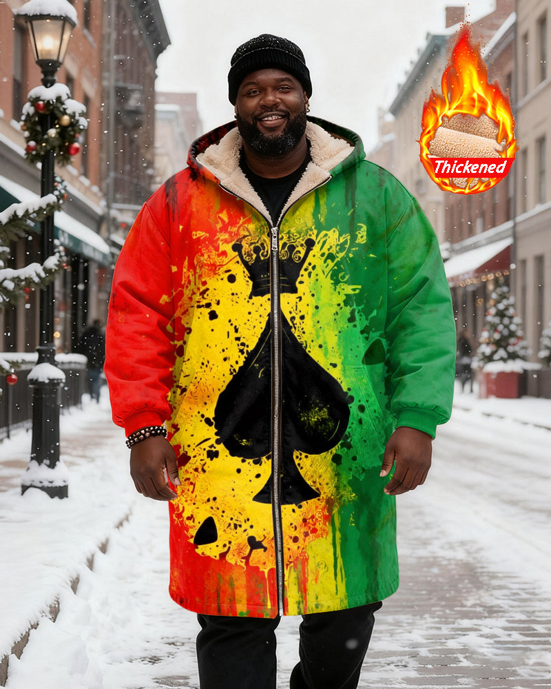 Big & Tall Men's Reggae Splash Ink Spades A Printed Velvet Thickened Long Hooded Coat