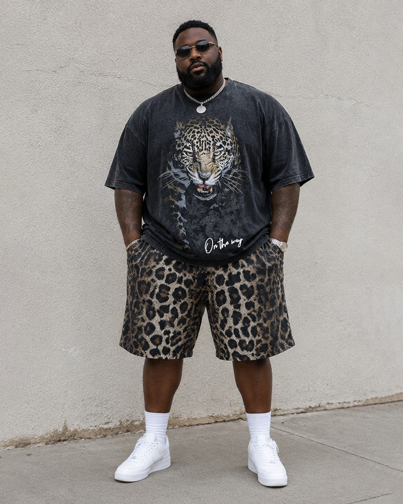 Big & Tall Men's Front And Back Printed Black Leopard Printed Round Neck Short Sleeve T-shirt Shorts Set