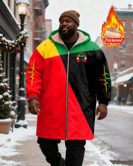 Big & Tall Men's Reggae Contrast Electrocardiogram Printed Velvet Thickened Long Hooded Coat