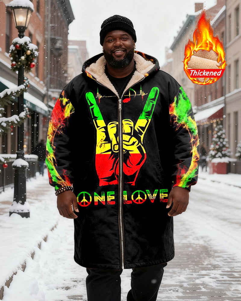 Big & Tall Men's Reggae Peace Gesture ONE LOVE Printed Velvet Thickened Long Hooded Coat