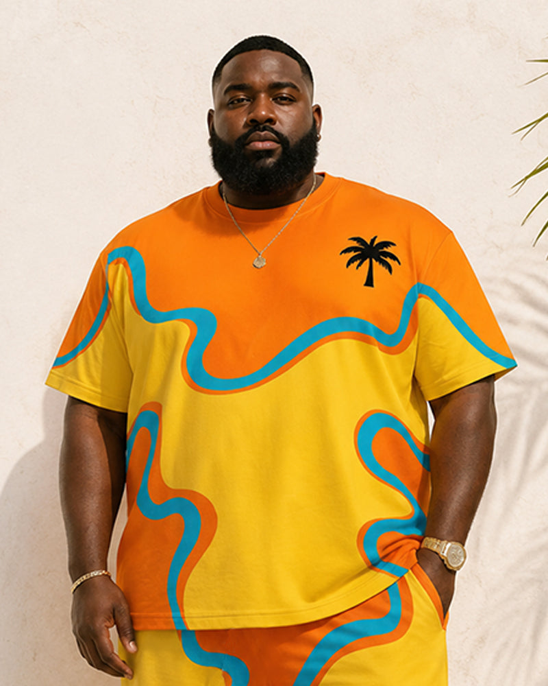 Big & Tall Men's Color Contrast Wave Coconut Tree Print Round Neck Short Sleeve T-Shirt Shorts Set