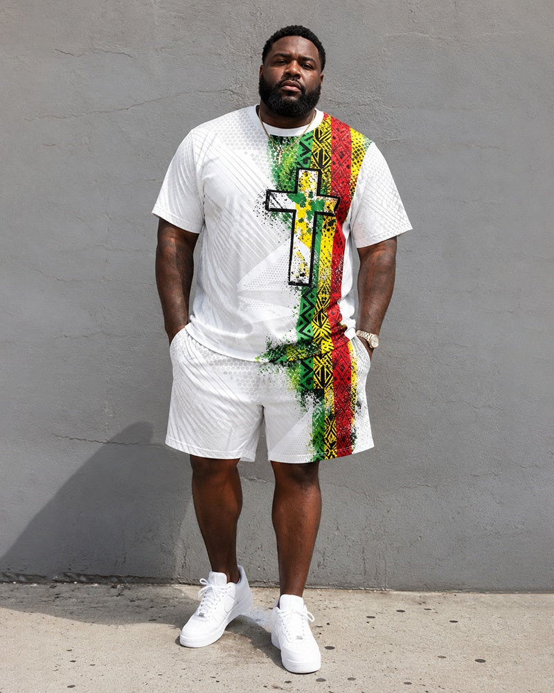 Big & Tall Men's Reggae Cross Printed Round Neck Short Sleeve T-Shirt Shorts Set