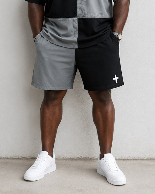 Big & Tall Men's JESUS Black And White Stitching Cross Print Round Neck Short Sleeve T-Shirt Shorts Set