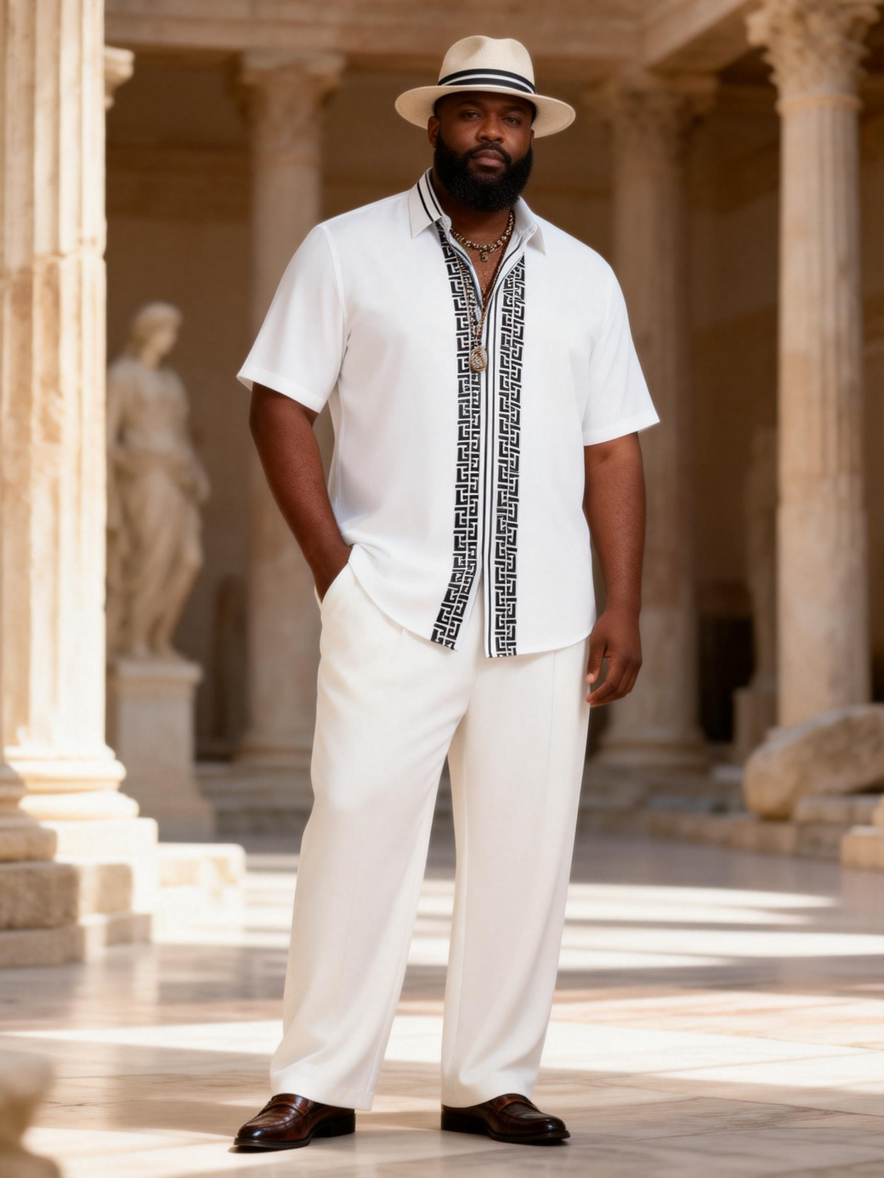 Big & Tall Men's Vintage Striped Print Short Sleeve Shirt Trousers Set