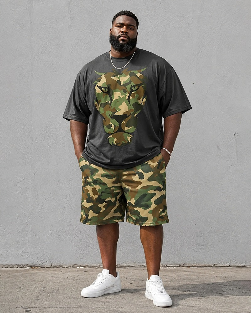 Big & Tall Men's Camouflage Leopard Head Print Round Neck Short Sleeve T-Shirt Shorts Set