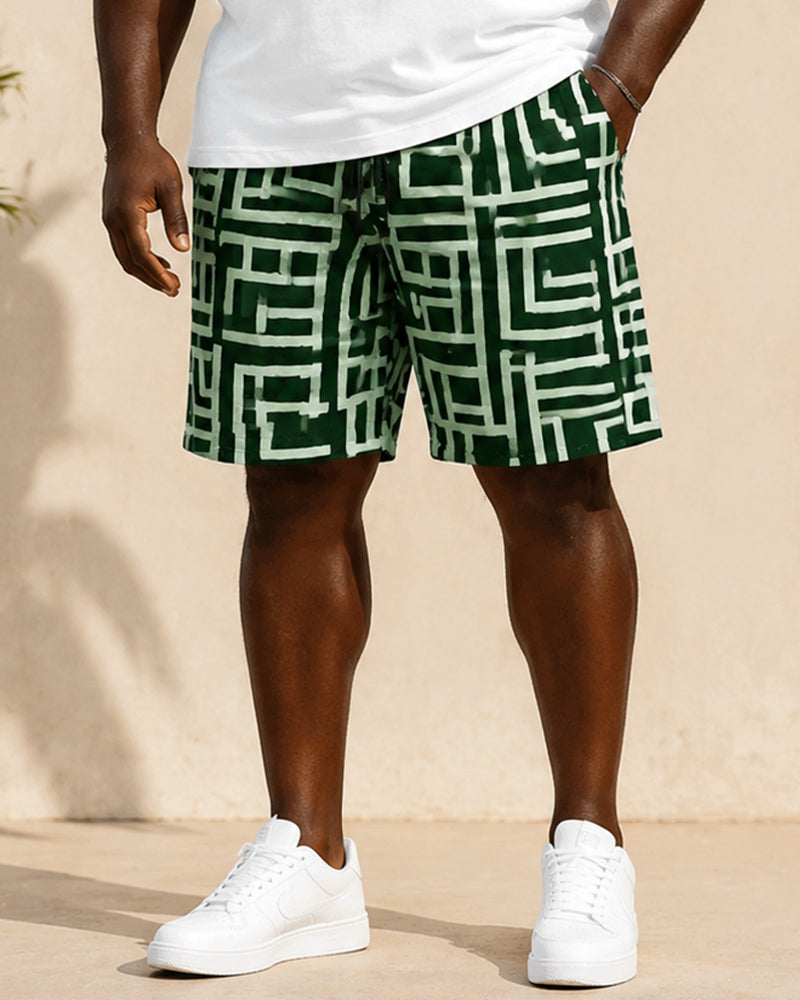 Big & Tall Men's Geometric Maze Coconut Print Round Neck Short Sleeve T-shirt Shorts Set