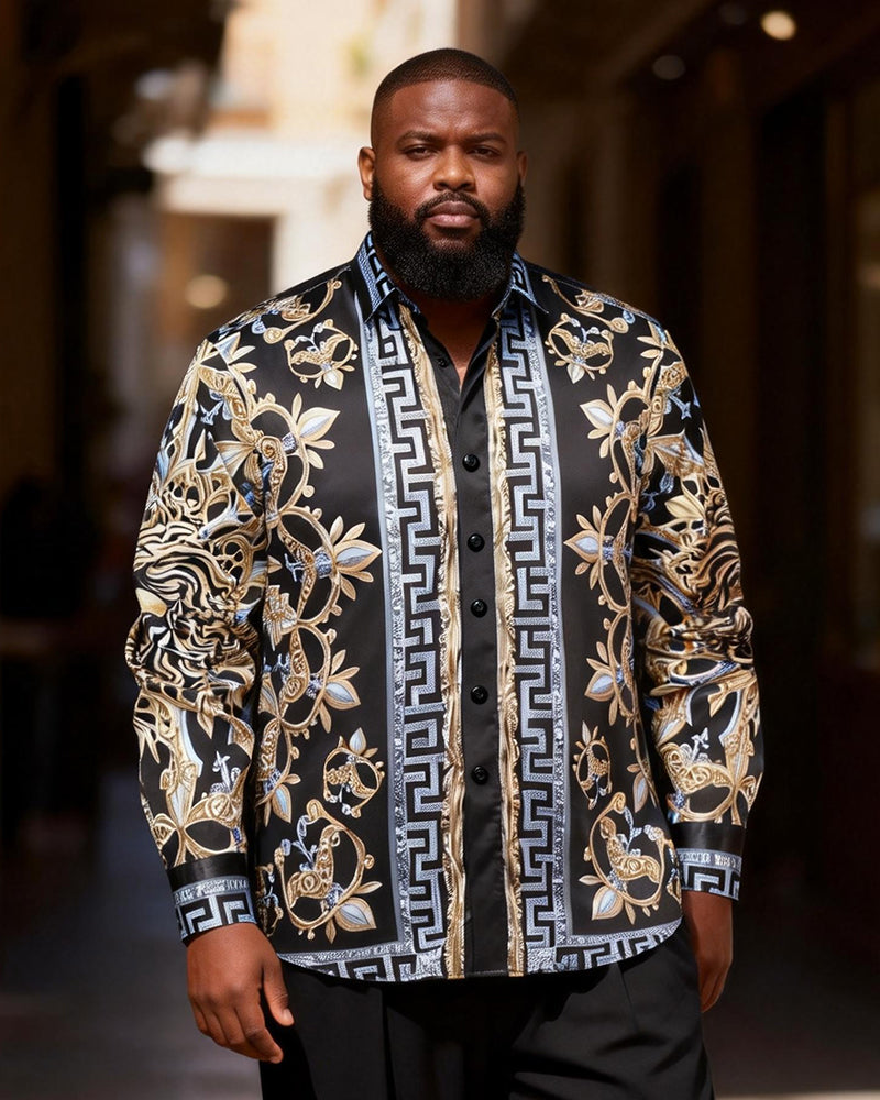 Big & Tall Men's Black Blue And Gold Greek Floral-Print Long Sleeve Shirt