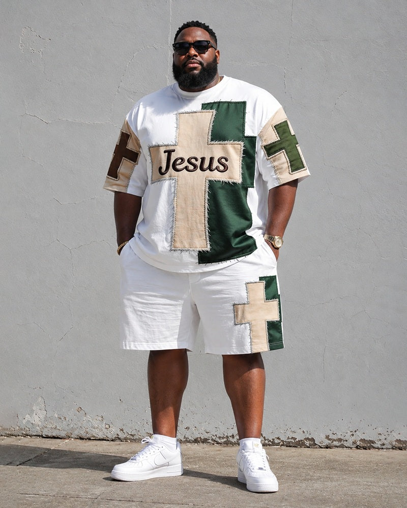 Big & Tall Men's JESUS Cross Patchwork Printed Round Neck Short Sleeve T-Shirt Shorts Set