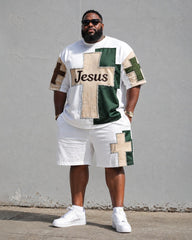 Big & Tall Men's JESUS Cross Patchwork Printed Round Neck Short Sleeve T-Shirt Shorts Set