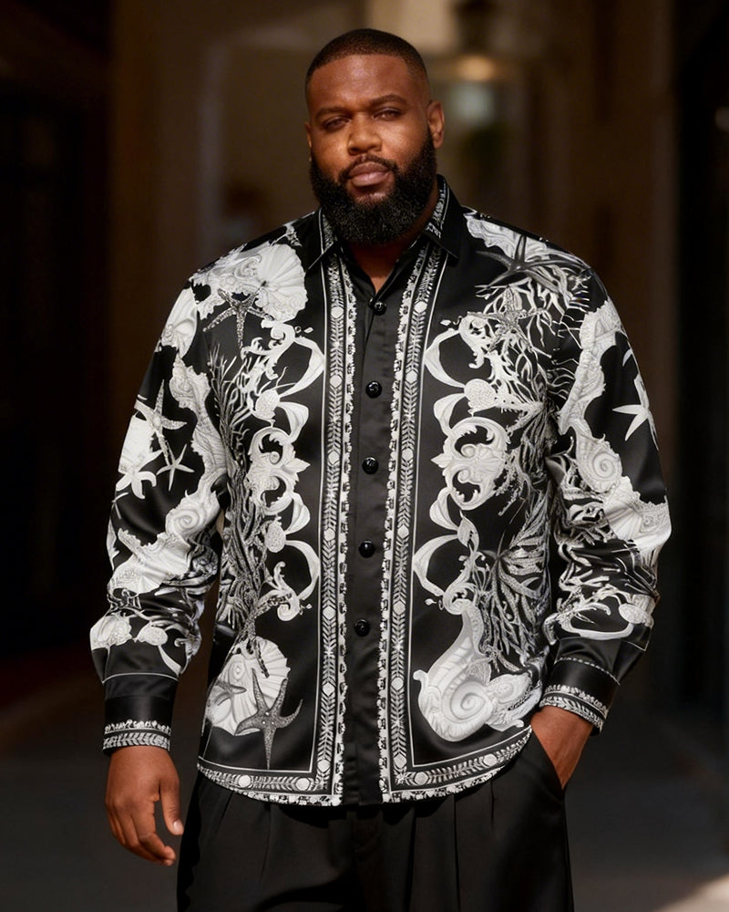 Big & Tall Men's Black & White Sea Life Totem Print Long Sleeve Shirt